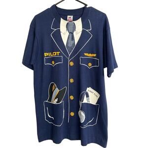 Vintage 80s Pilot T-Shirt Airplane Blue Large 1981 All Over Print Single Stitch